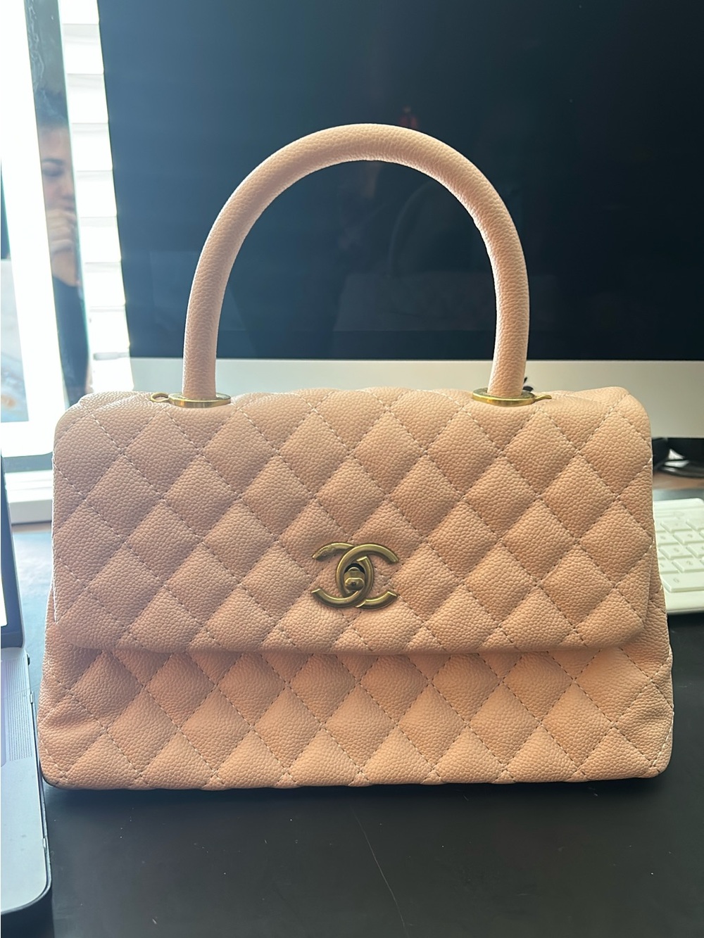 CHANEL Pink Quilted Top-Handle Satchel with Gold CC